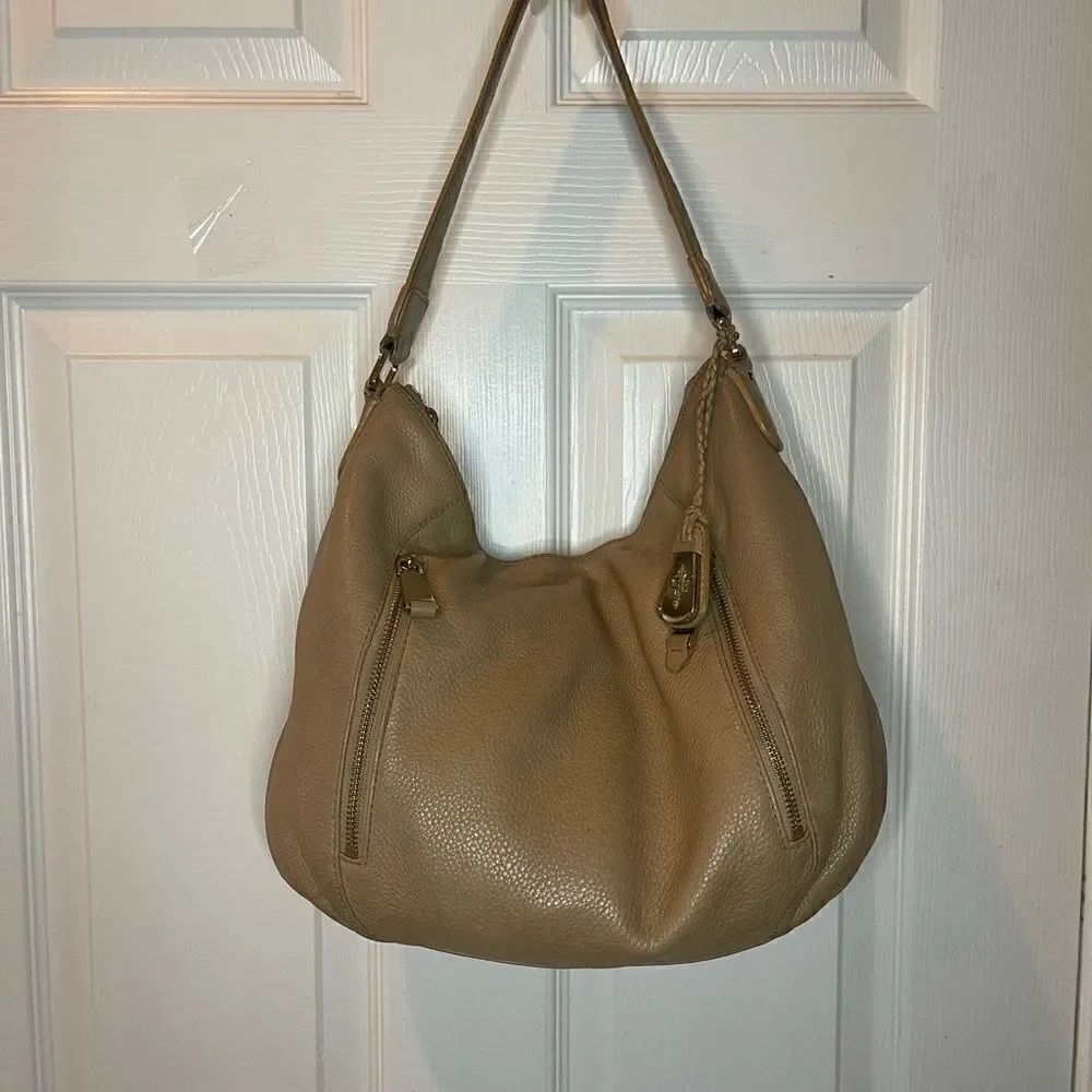 Cole Haan pebble leather tan medium shoulder bag with gold tone hardwares